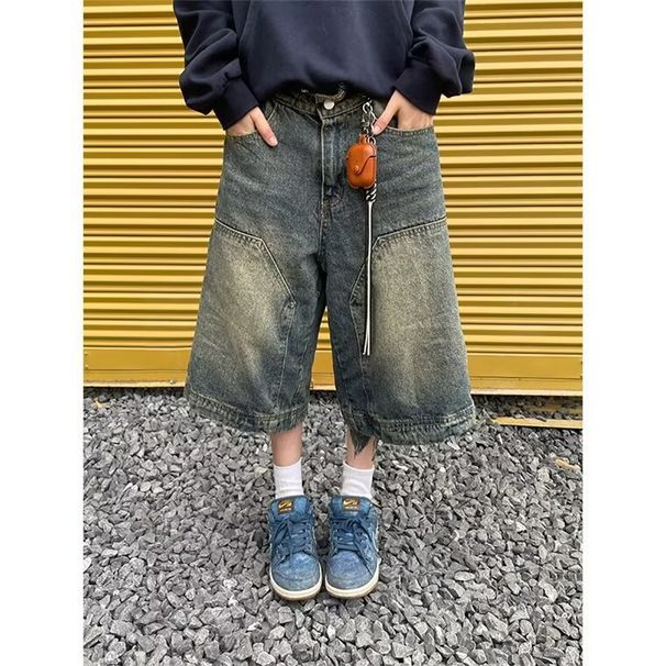 Men's Clothing Retro Washed Denim Shorts Straight Wide Leg Distressed Loose Casual Versatile Cropped Pants_mkmklike.com