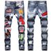 Men's Clothing Punk Fashion Slim Fit Jeans For Men With Personalized Badges Washed Retro Spray Paint High Street_mkmklike.com
