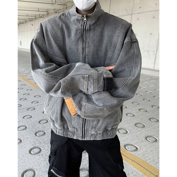 Retro Short Jacket For Men's Niche Design Deconstruction Workwear Harrington Denim Jacket_mkmklike.com