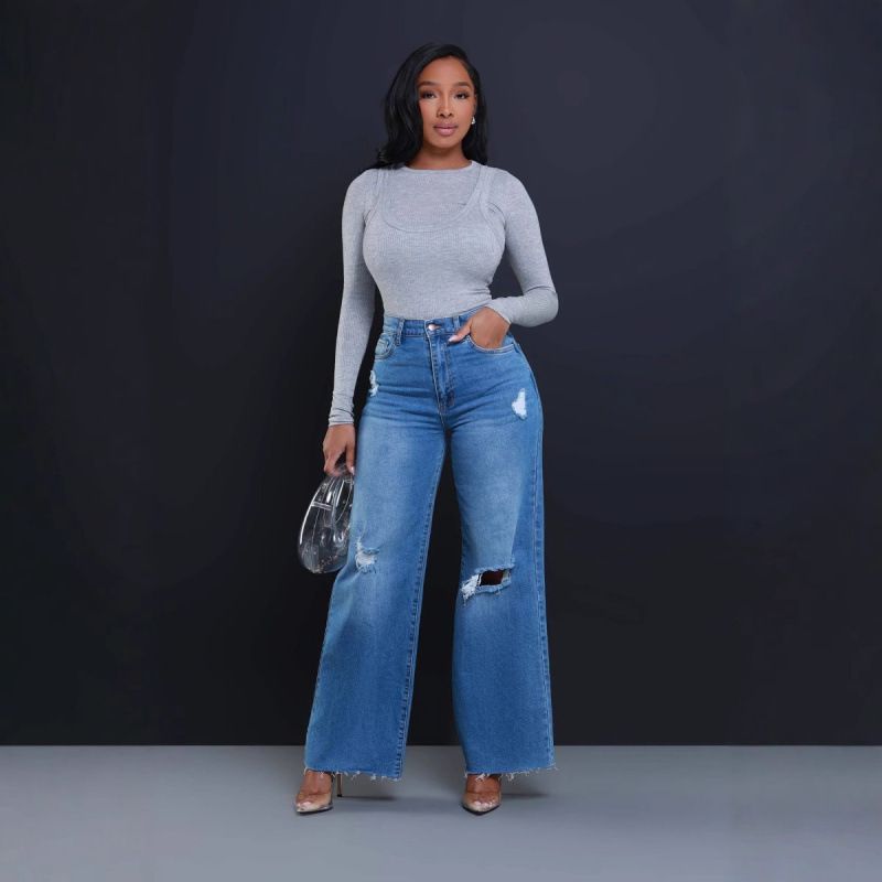 Women’s High-Waisted Ripped Wide-Leg Jeans – Straight Cut Distressed Denim Pants (Dark Blue/Light Blue, Sizes S-XXL, Comfort Stretch)_mkmklike.com