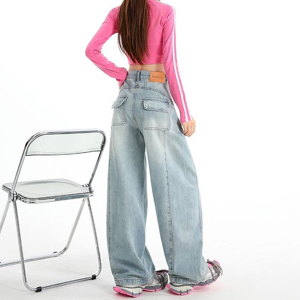 2026 Spring New Style Flap Design High-Waisted Loose-Fit Straight Wide-Leg Floor-Length Jeans For Women_mkmklike.com
