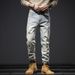 Men's Distressed Washed Jeans - Vintage Light Blue Ripped Slim Straight Denim Pants With Artistic Splatter & Stretch Comfort_mkmklike.com
