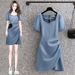 Korea Versio Plus Size Fat Mm Casual Simple Commutig Mid Legth Deim Wash Top Short Sleeved Dress For Wome's_mkmklike.com