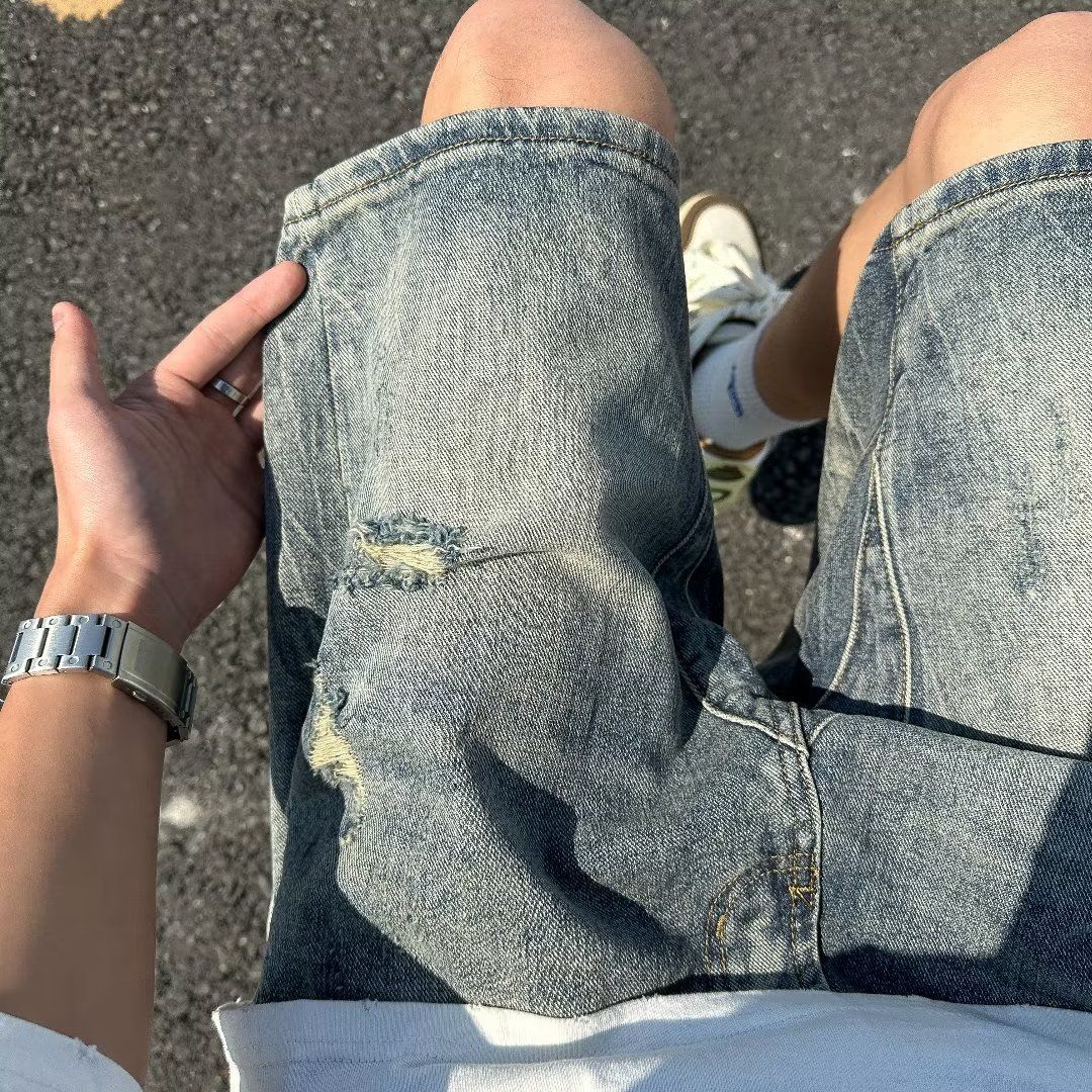 Men's Clothing Summer Thin Ripped Denim Shorts Men's Vibe Retro Loose Mid-length Pants Trendy Street All-match Shorts_mkmklike.com