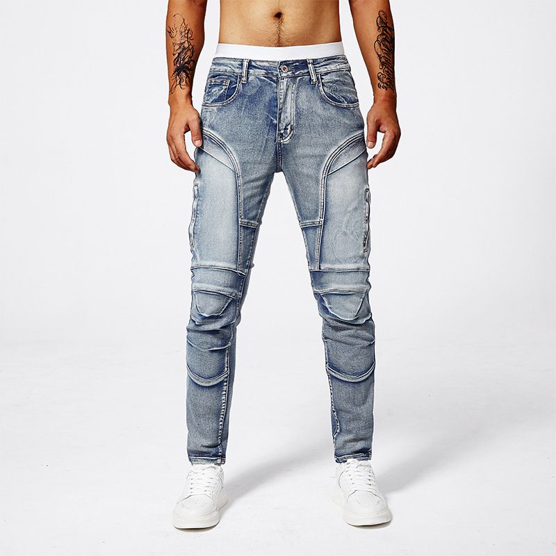 Men's Fashion Jeans Blue Distressed Denim Pants With Patchwork Details Advanced Gray Wash Casual Trousers_mkmklike.com