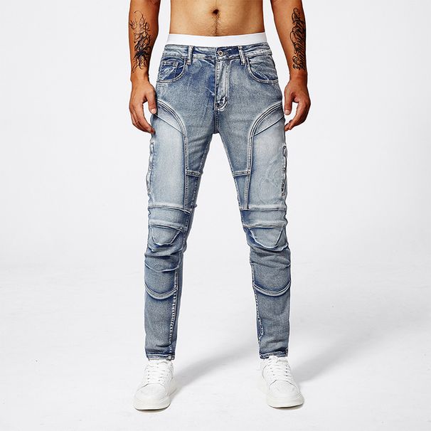 Men's Fashion Jeans Blue Distressed Denim Pants With Patchwork Details Advanced Gray Wash Casual Trousers_mkmklike.com
