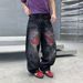 Men's Clothing Style Trendy Loose Fitting Straight Leg Black Jeans Scissor Graffiti Design Unisex Cutaway Midweight Cotton_mkmklike.com