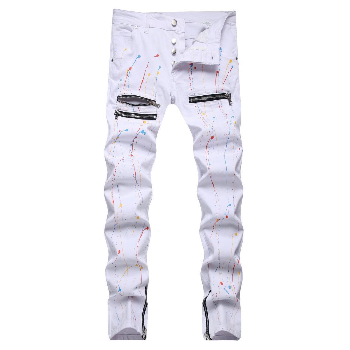 Men's Slim Fit Stretch Denim Jeans With Paint Splatter Detail And Zipper Accents, Edgy Urban Style Comfortable Slim Fit_mkmklike.com