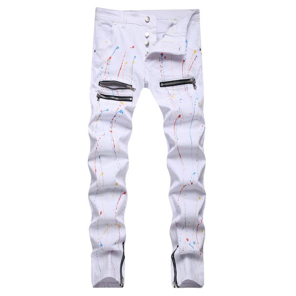 Men's Slim Fit Stretch Denim Jeans With Paint Splatter Detail And Zipper Accents, Edgy Urban Style Comfortable Slim Fit_mkmklike.com