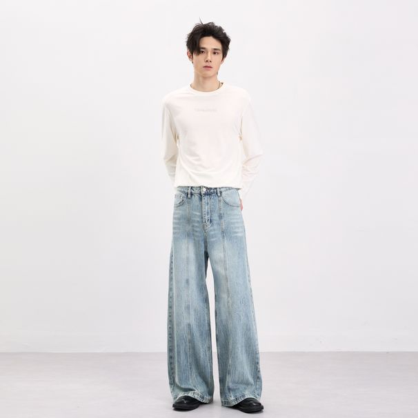 Unisex Washed Denim A-Line Baggy Jeans With Deconstructed Design Straight Leg Trousers For Men And Women_mkmklike.com