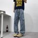 Men's American Style Drawstring Cargo Jeans Trendy Streetwear Hip Hop Loose Fit Casual Straight Leg Pants_mkmklike.com