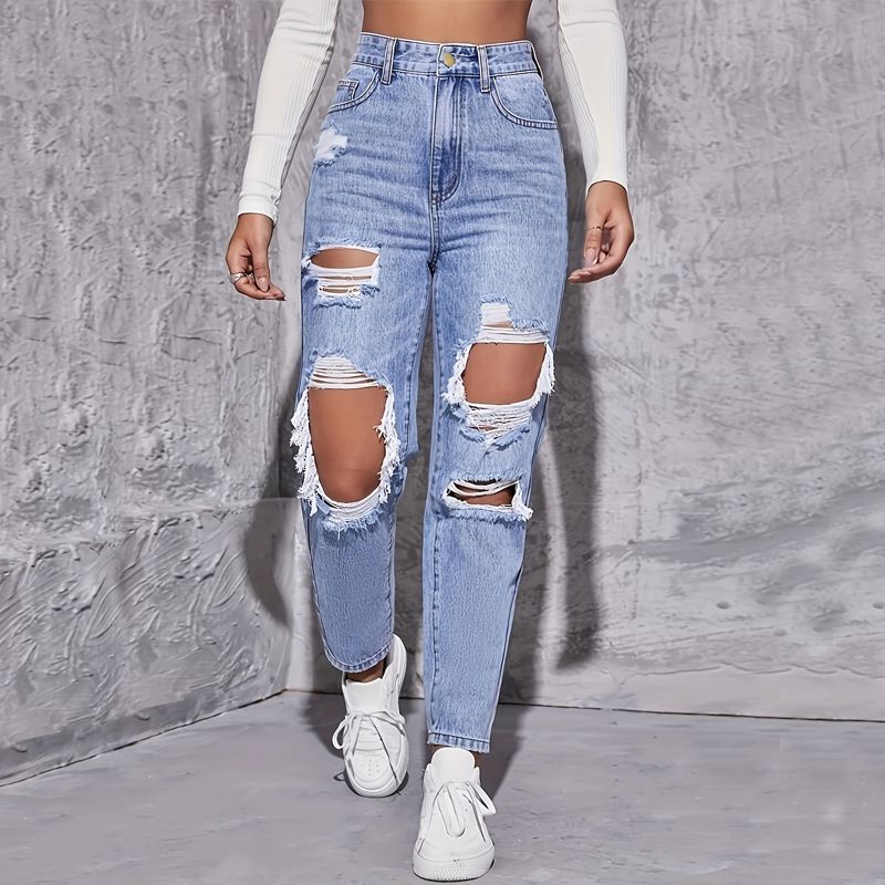 Women's High-Waisted Straight Leg Jeans Blue Ripped Versatile Fashionable Trousers European American Style_mkmklike.com
