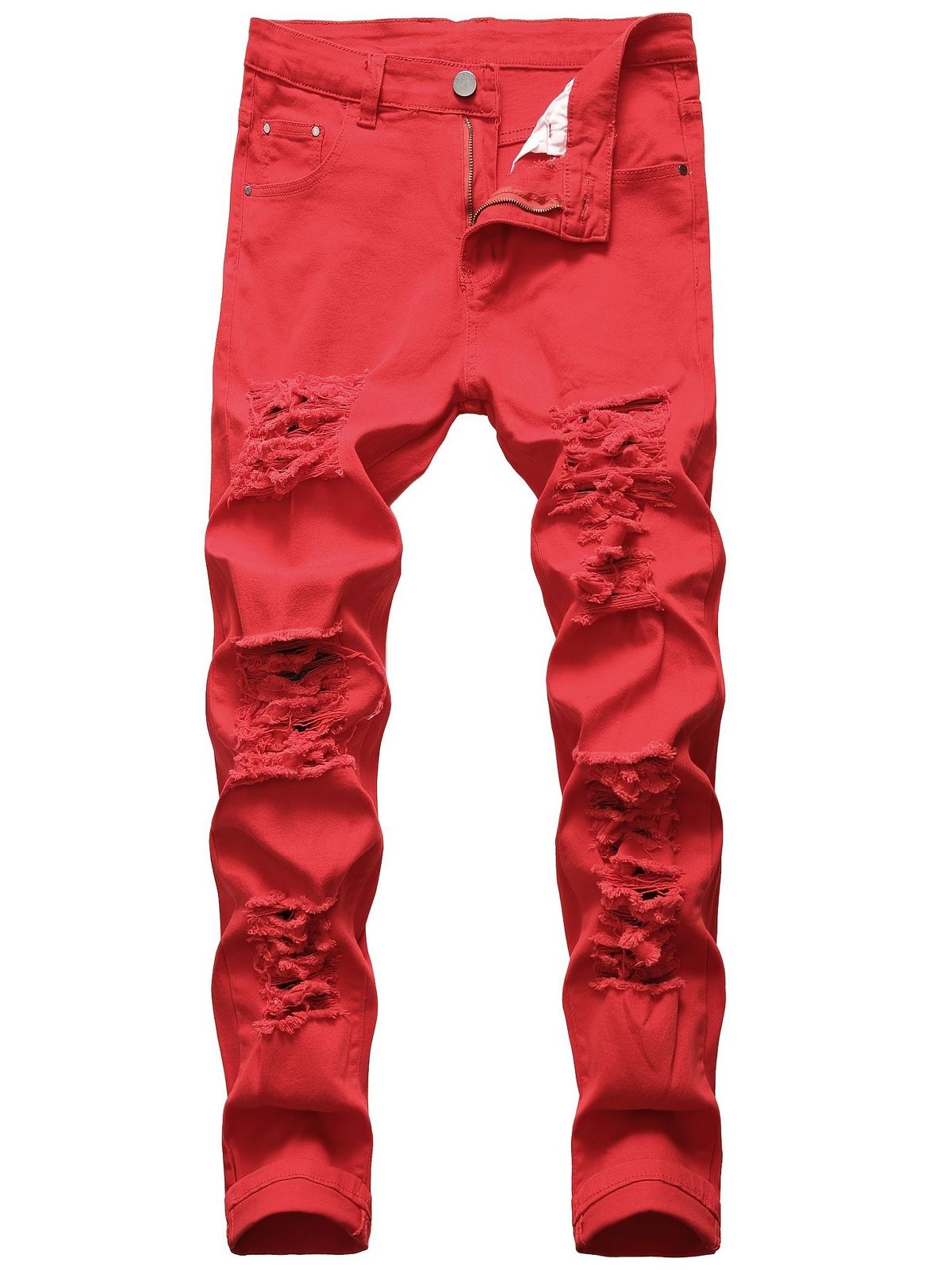 Men's Slim Fit Pants Trendy Street Ripped Red Pants Washed With Youthful Vitality Zipper Pencil Pants_mkmklike.com