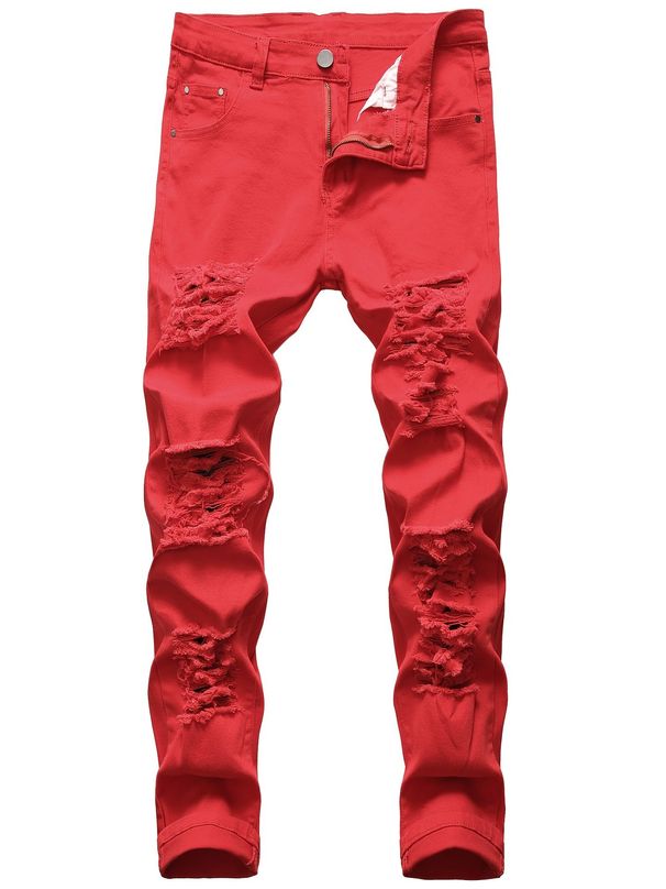 Men's Slim Fit Pants Trendy Street Ripped Red Pants Washed With Youthful Vitality Zipper Pencil Pants_mkmklike.com