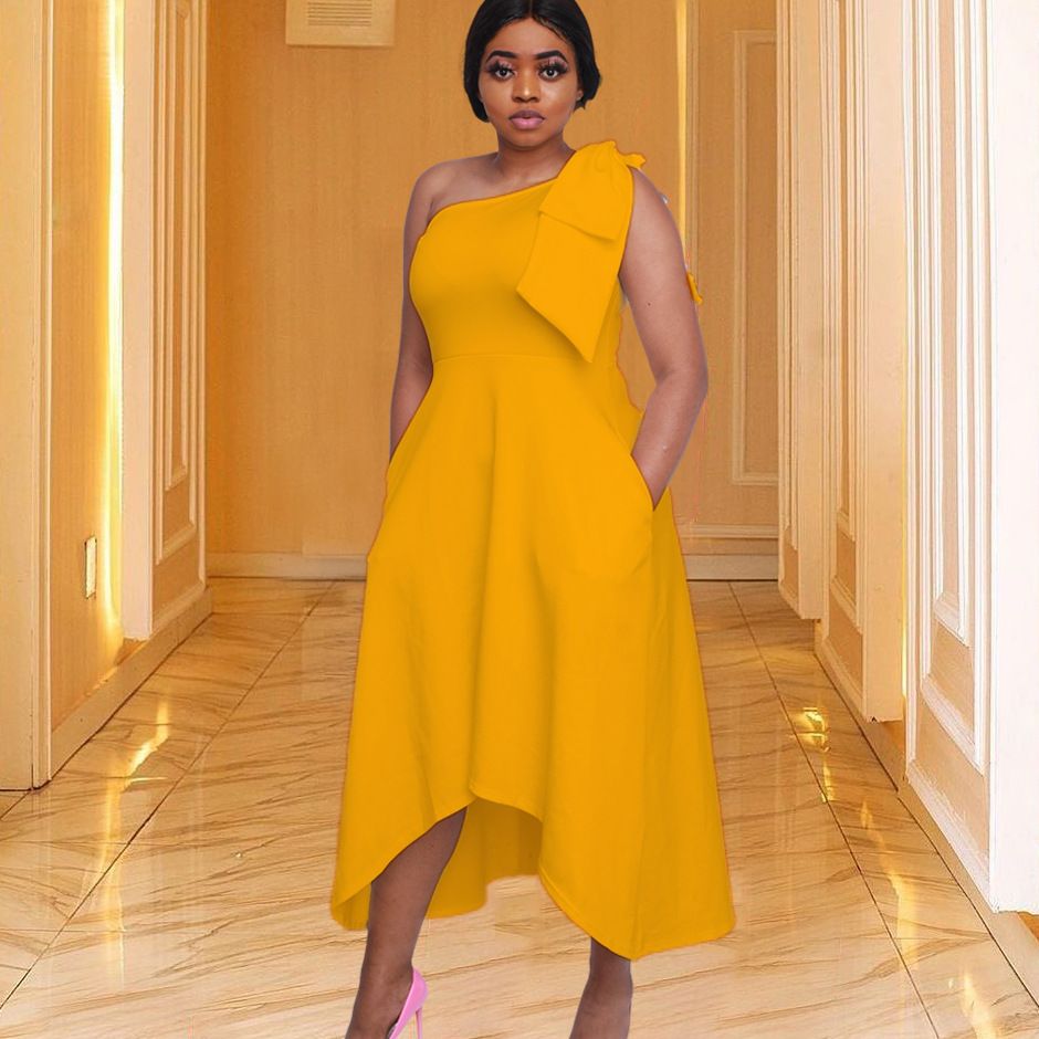 Women's Clothing solid color temperament commuting large bow banquet dress skirt plus size dress_mkmklike.com