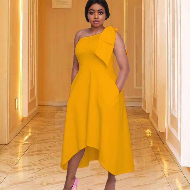 Women's Clothing solid color temperament commuting large bow banquet dress skirt plus size dress_mkmklike.com