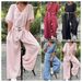 Women's Casual Solid Color V-neck Jumpsuit Mid-waist Pocket Jumpsuit with Belt_mkmklike.com