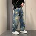 Men's Retro Hand Painted Straight Leg Jeans Washed Denim Spring Summer Trendy Casual Wide Leg Pants Loose Fitting_mkmklike.com