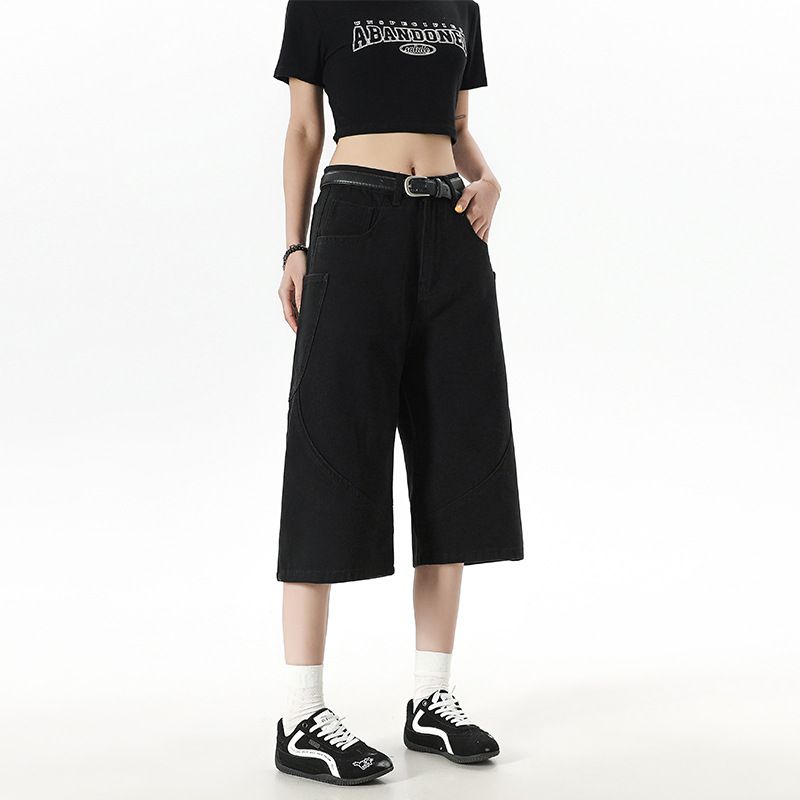 American Retro Straight-leg Large-pocket Cropped Jeans With Curved Patchwork, Trendy Brand, Cool And Loose Wide-leg_mkmklike.com