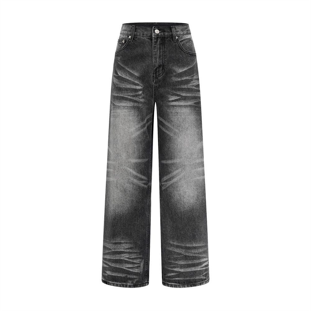 Color-Block Washed Denim Straight-Leg Men's High Street Water Ripple Distressed Loose Casual Pants_mkmklike.com