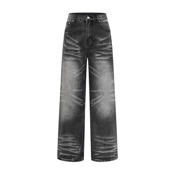 Color-Block Washed Denim Straight-Leg Men's High Street Water Ripple Distressed Loose Casual Pants_mkmklike.com