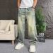 Men's High-End Whiskering Patchwork Washed Denim Jeans Loose Wide Leg Straight Leg Curved Trousers American Trendy Brand Spring/Summer Style_mkmklike.com