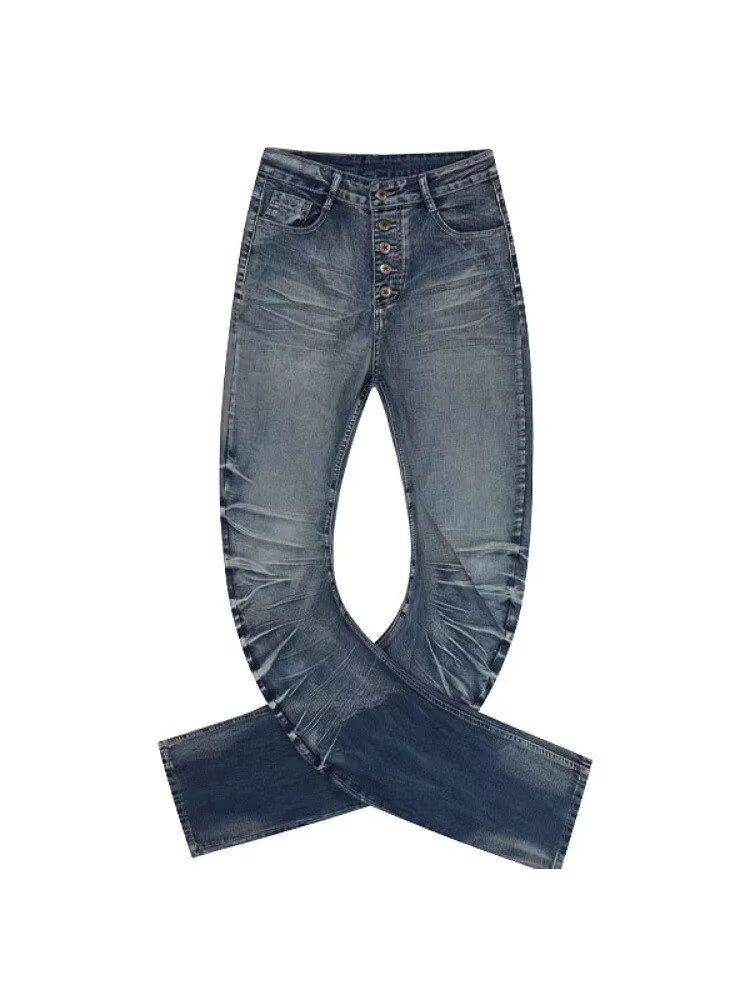 Men's Retro Washed Flared Jeans Buttoned Pleated Straight Slim Trousers American Style Rippled Softener Blue Long Pants_mkmklike.com
