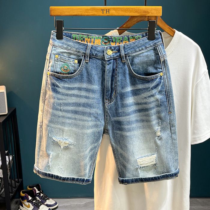 Men's Trendy Ripped Stretchy Slim Fit Jeans mid Length Shorts Blue Korean Style Basic Straight Leg Embroidered Patches_mkmklike.com