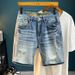 Men's Trendy Ripped Stretchy Slim Fit Jeans mid Length Shorts Blue Korean Style Basic Straight Leg Embroidered Patches_mkmklike.com