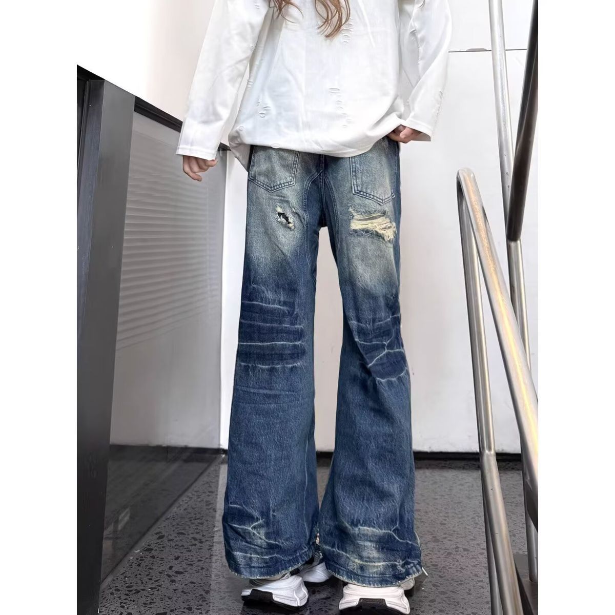 Men's American Style High-Waisted Ripped Jeans Loose Fitting Straight Leg Wide Leg Pants Casual Pear Shaped Body Fit Summer New Style_mkmklike.com