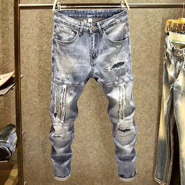 American Trendy Brand Jeans For Men, Slim Fit, Stretchy Narrow Leg Pants, Stylish, Handsome, Ripped, Scratched, Stitched, Patched Long Pants_mkmklike.com