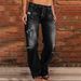 Women's Clothing Denim Trousers Trendy Distressed Mid Waist Ripped Casual Straight Leg Trousers_mkmklike.com