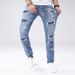 Men's Slim Fit Stretch Jeans - Classic Blue Washed Denim Pants With Tapered Leg For Casual Streetwear_mkmklike.com