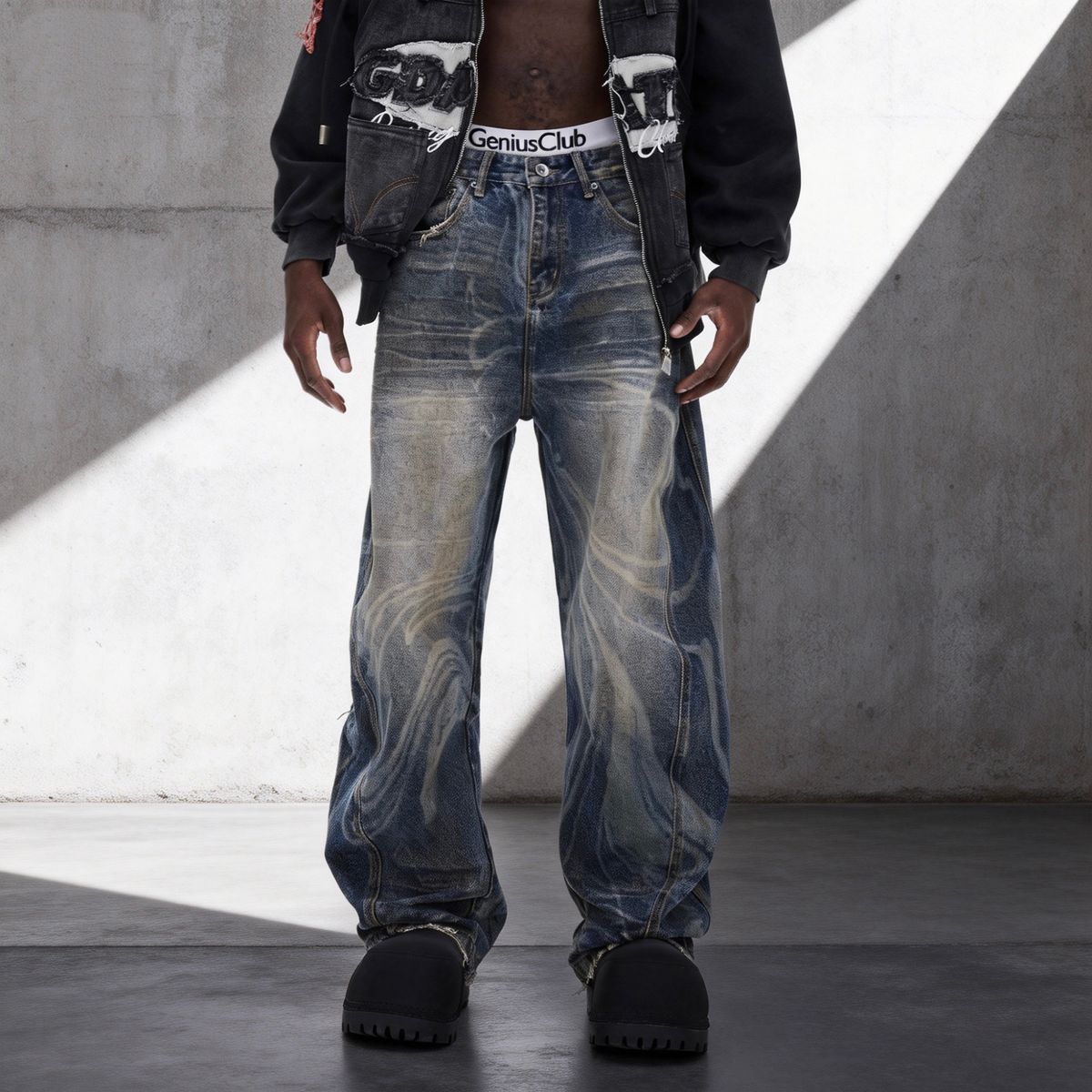 Men's Clothing Men's Distressed Washed Jeans – Oversized Straight-Leg Denim Pants With Hand-Painted Details (Low-Rise, Non-Stretch, S-3XL)_mkmklike.com