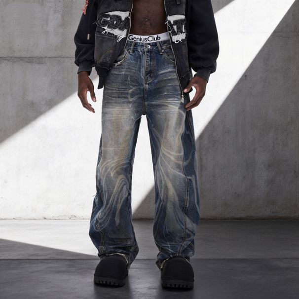 Men's Clothing Men's Distressed Washed Jeans – Oversized Straight-Leg Denim Pants With Hand-Painted Details (Low-Rise, Non-Stretch, S-3XL)_mkmklike.com