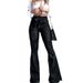 Elegant High Waist Flare Jeans For Women - Stretch Bootcut Trousers With Tie Waist In Blue & Black_mkmklike.com
