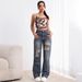 Women's Clothing Adjustable Waistband Distressed And Stylish High Waist Adjustable Jeans With Distressed Details & Straight Leg Design - Blue_mkmklike.com