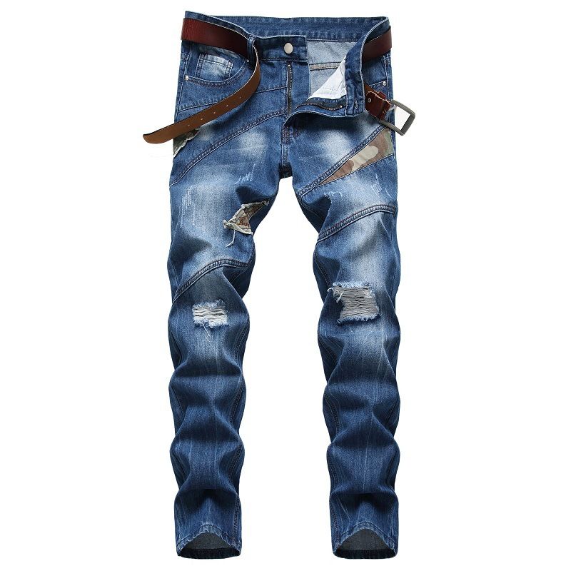 Men's Distressed Jeans Cross Border Supply Personalized Camouflage Patchwork Trendy American Jeans_mkmklike.com