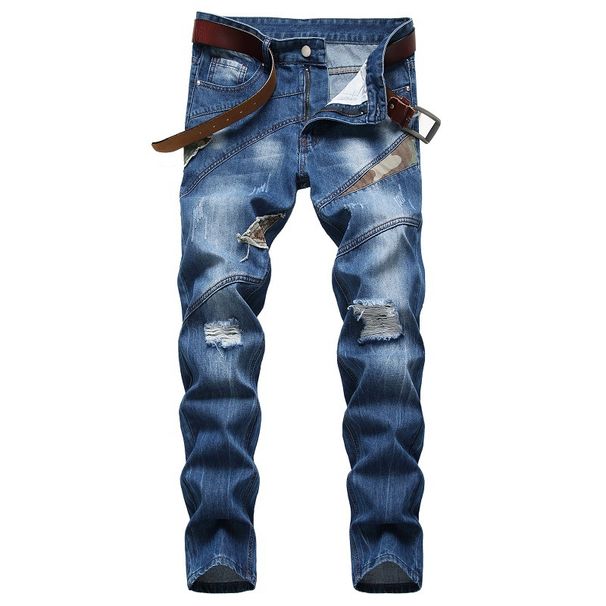 Men's Distressed Jeans Cross Border Supply Personalized Camouflage Patchwork Trendy American Jeans_mkmklike.com