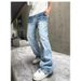 Vintage Washed Cracked Jeans For Men & Women – Relaxed Fit Light Blue Straight Leg High Street Casual Pants_mkmklike.com