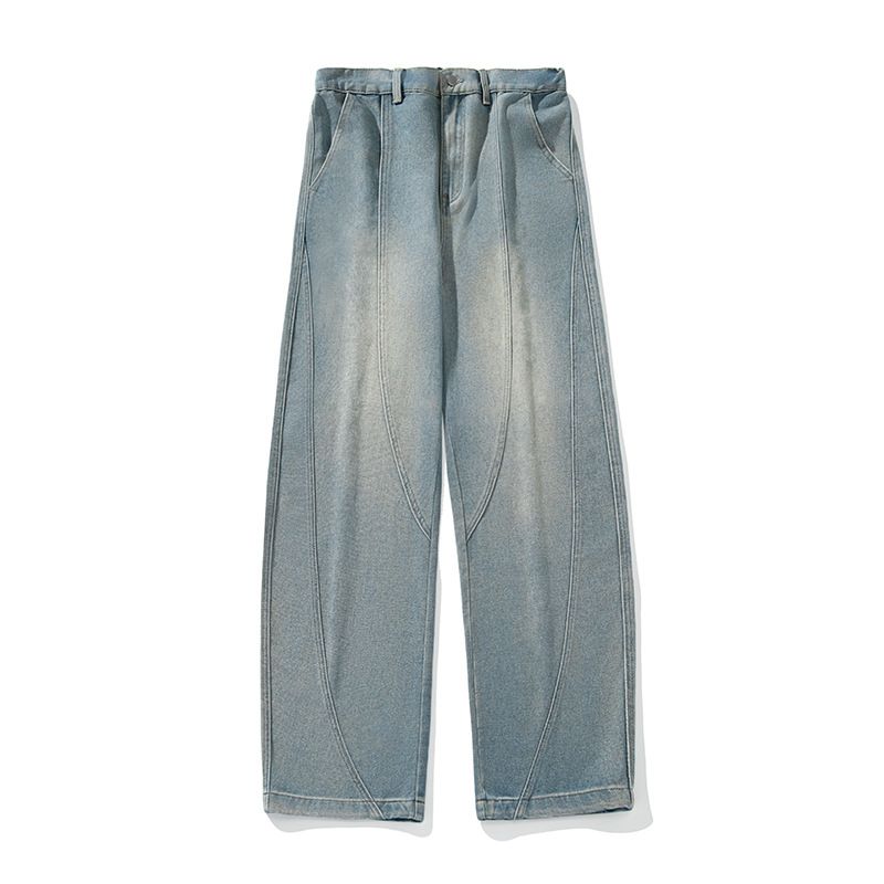 Men's Distressed Retro Split Design Washed Scimitar Jeans High Street Style Straight Loose Casual Long Pants Spring Fashion_mkmklike.com