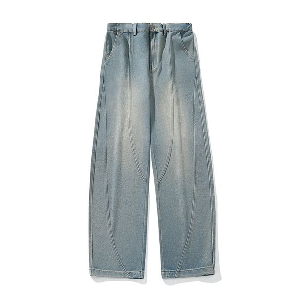 Men's Distressed Retro Split Design Washed Scimitar Jeans High Street Style Straight Loose Casual Long Pants Spring Fashion_mkmklike.com