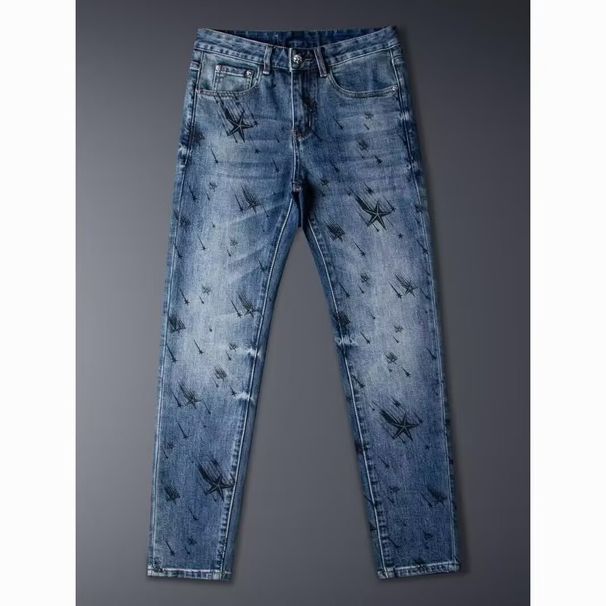 Men's Clothing Slim Fit Printed Ripped Patches Jeans Style Midweight Cotton Skinny Pants Long Cropped Denim_mkmklike.com