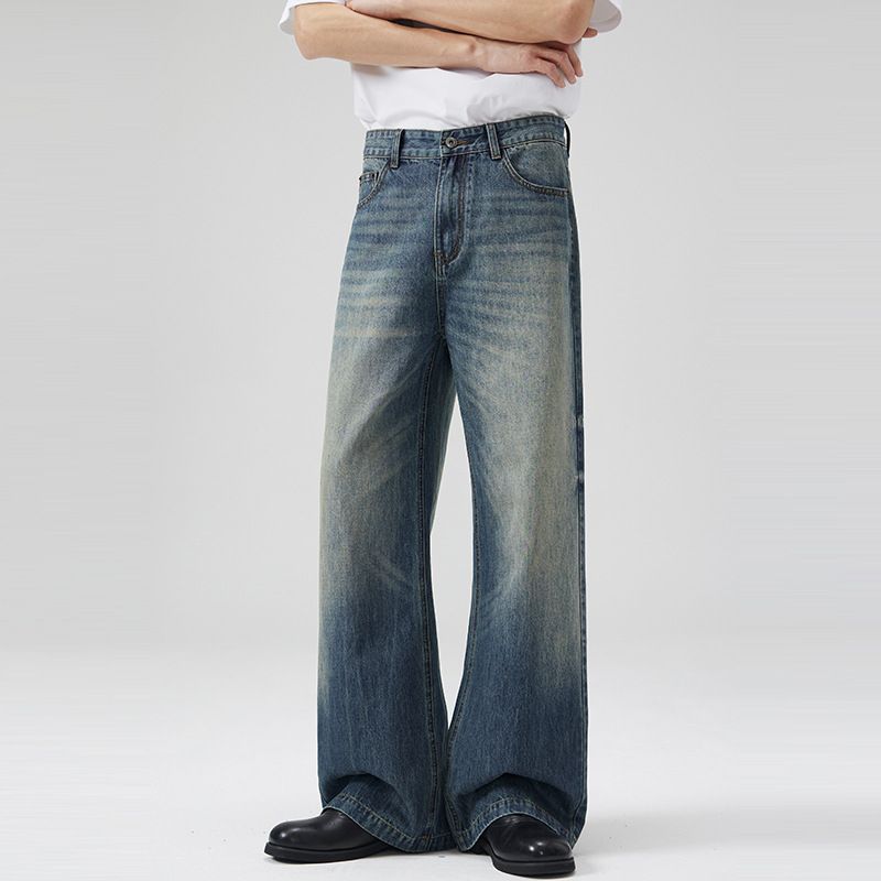 Vintage Blue Washed Gradient A-Line Denim Jeans For Men And Women, Baggy Loose Fit Straight Leg Trousers_mkmklike.com