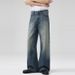 Vintage Blue Washed Gradient A-Line Denim Jeans For Men And Women, Baggy Loose Fit Straight Leg Trousers_mkmklike.com