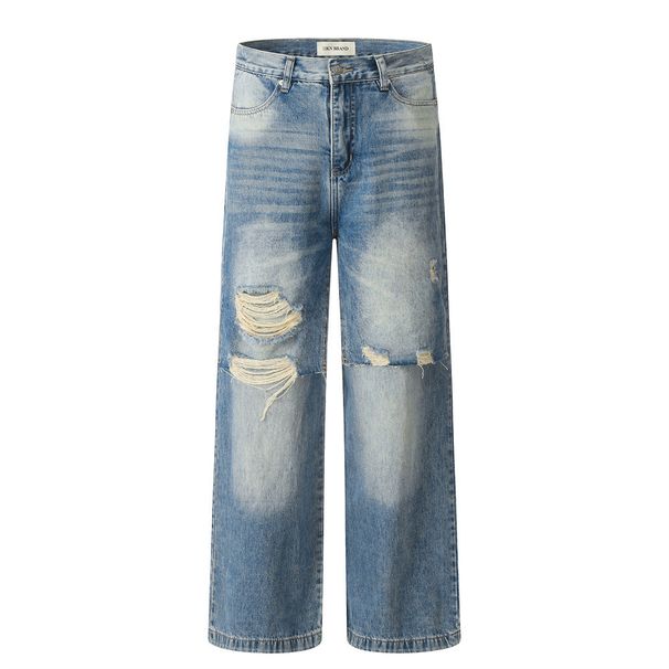 Men's Ripped Jeans Trendy Punk Vintage Washed Frayed Edge Patchwork Design Personality Loose Straight Long Pants_mkmklike.com