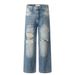 Men's Ripped Jeans Trendy Punk Vintage Washed Frayed Edge Patchwork Design Personality Loose Straight Long Pants_mkmklike.com