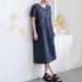 Summer New Denim Short Sleeved Dress, Women's Round Neck Casual Loose Fit Slimming Korean Version Mid Length Skirt 6995_mkmklike.com