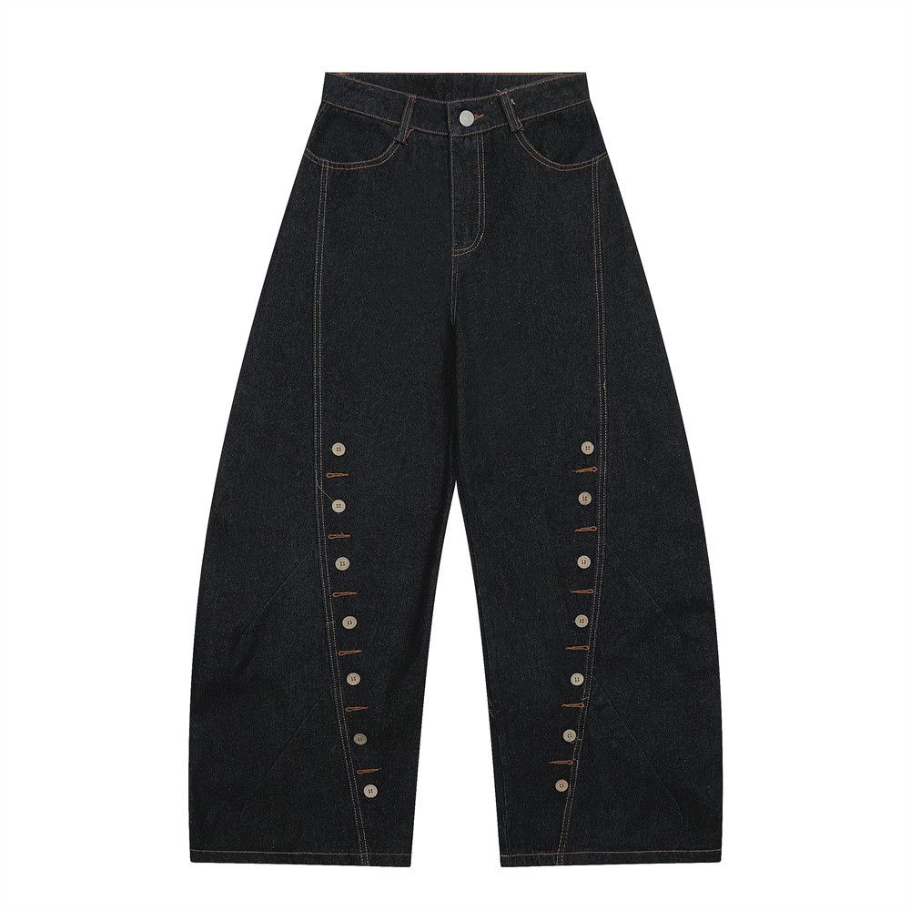 Multi-Button Eyelet Decorative Scimitar Jeans For Men, Trendy High Street Loose Design Stitched Wide-Leg Pants_mkmklike.com