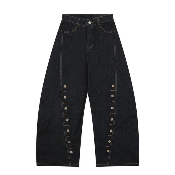 Multi-Button Eyelet Decorative Scimitar Jeans For Men, Trendy High Street Loose Design Stitched Wide-Leg Pants_mkmklike.com